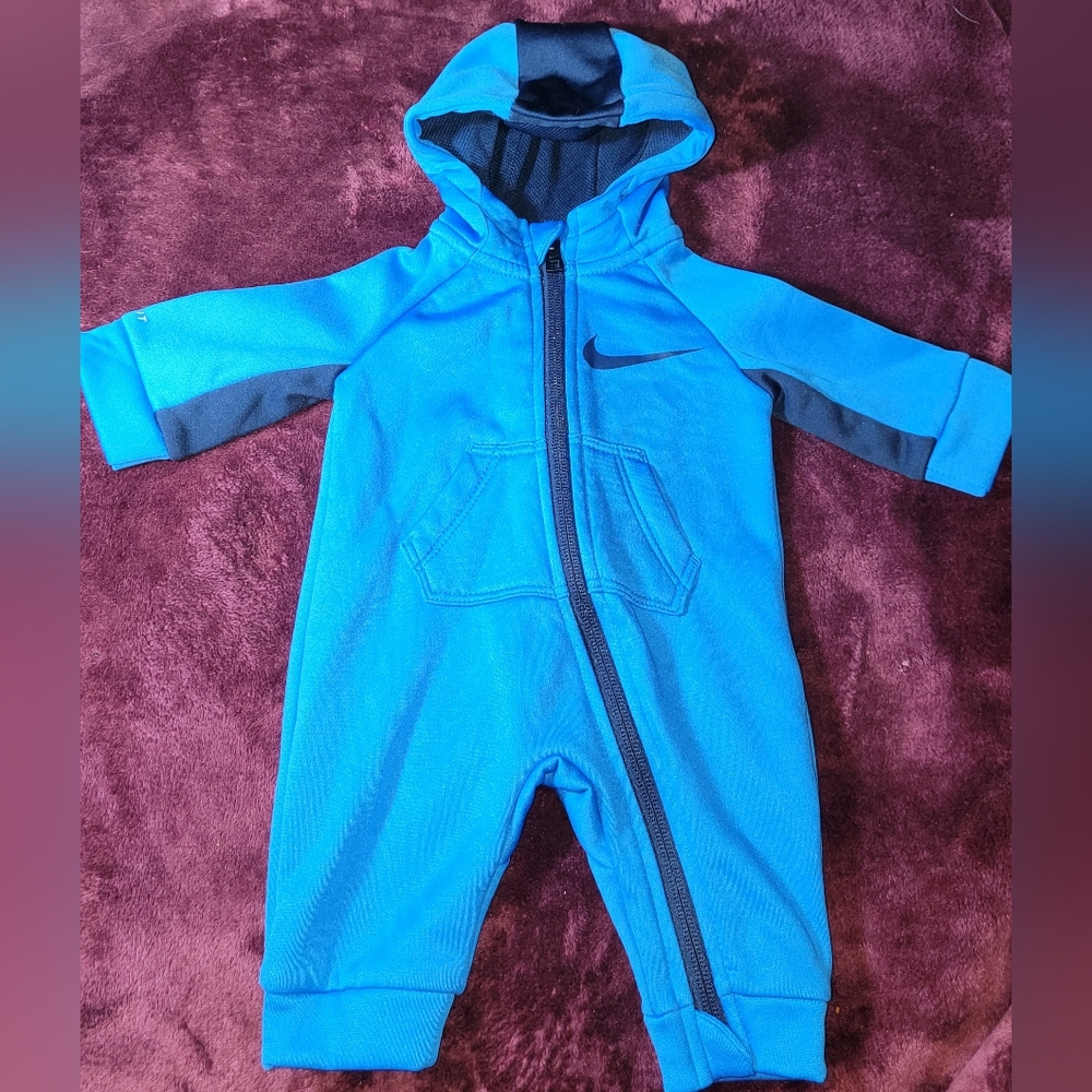 Nike Dri-Fit Infant One Piece Hooded Outfit  NEWBORN Blue Zip Up Fleece Lined